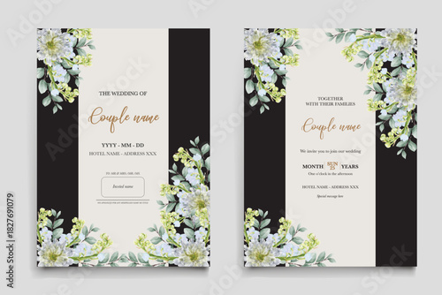 WEDDING INVITATION FRAME WITH FLOWER DECORATIONS AND FRESH LEAVES