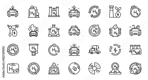 Hydrogen energy icon set clean fuel technology vector line illustration for sustainable energy solut