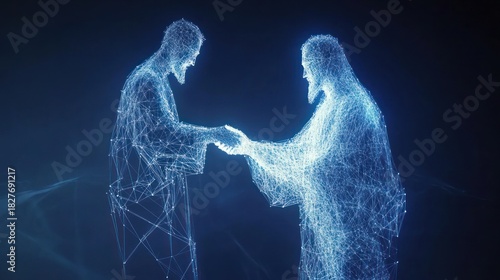 Digital handshake, futuristic network connection concept with neon glow