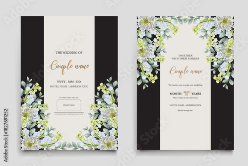 WEDDING INVITATION FRAME WITH FLOWER DECORATIONS AND FRESH LEAVES