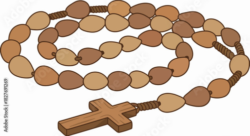 Wooden Rosary Beads Cross Vector Catholic Prayer Sincretism Umbanda Background