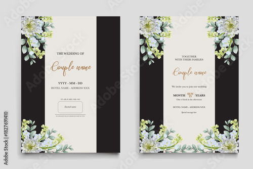 WEDDING INVITATION FRAME WITH FLOWER DECORATIONS AND FRESH LEAVES