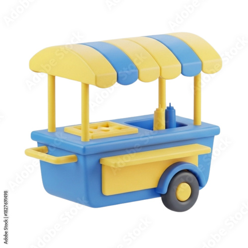 A vibrant 3D illustration of a food cart with blue and yellow awning, perfect for street food concepts and small business marketing