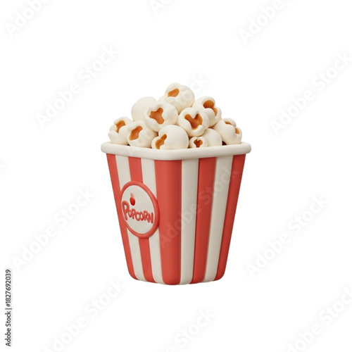 3D illustration of a classic red and white striped popcorn bucket filled with fluffy popcorn, perfect for movie night or snack themes