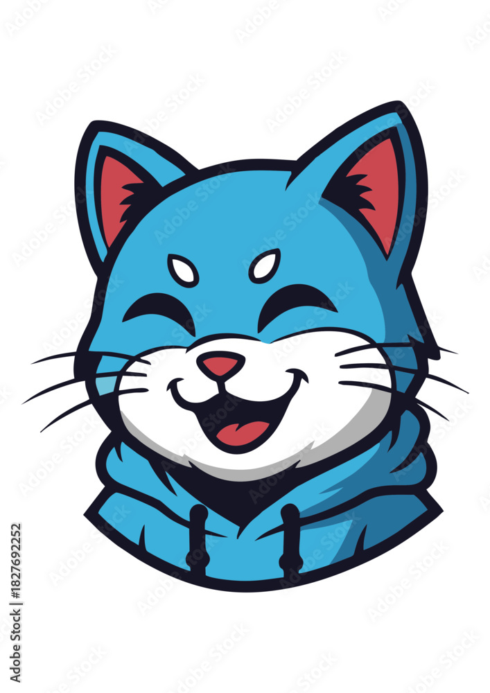 Obraz premium Happy blue cat character in a hoodie, a cheerful cartoon mascot with a joyful laughing expression for a logo or sticker