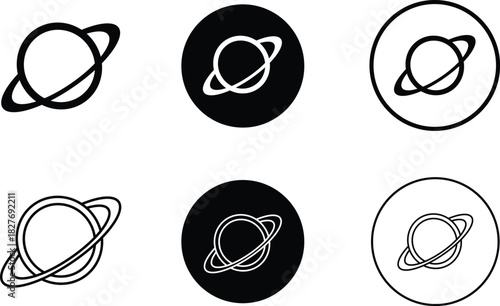 Six saturn planet icon set in black and white and outline style