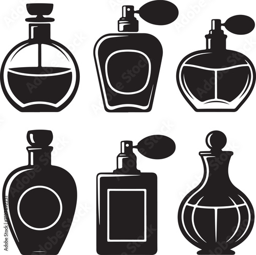 Elegant perfume bottle collection black and white vector illustration beauty products
