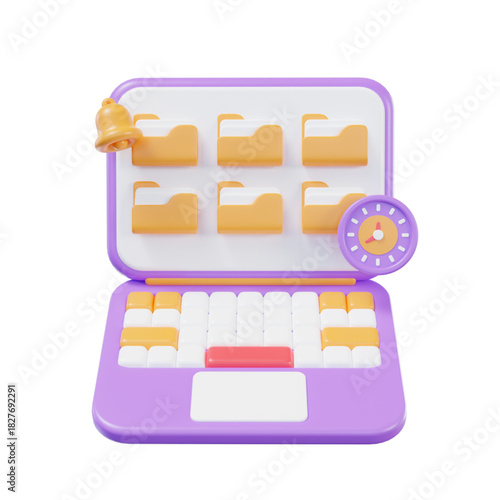 3D illustration of a digital file management system on a laptop with time tracking and notification alerts for efficient project workflow