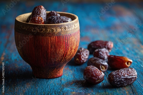Premium Dates in Carved Wooden Bowl — Traditional Ramadan Food Photography