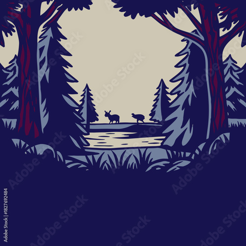 Dark Forest with Lake and Deer Silhouette Illustration
