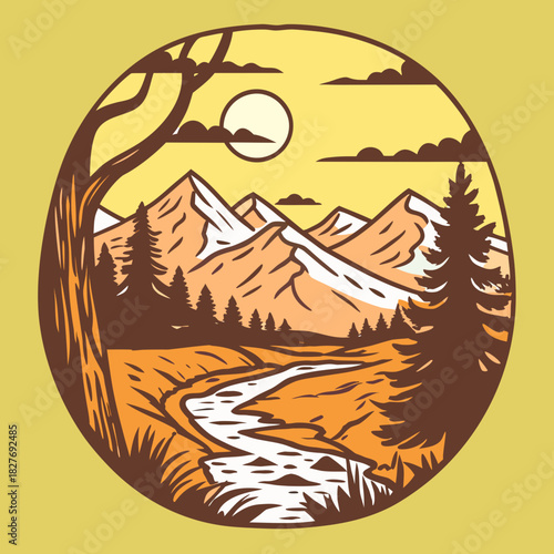 Sunset Mountain Landscape in Circular Vintage Style