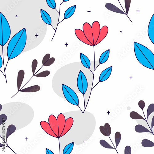 Playful Colorful Floral Illustration with Leaves and Stems