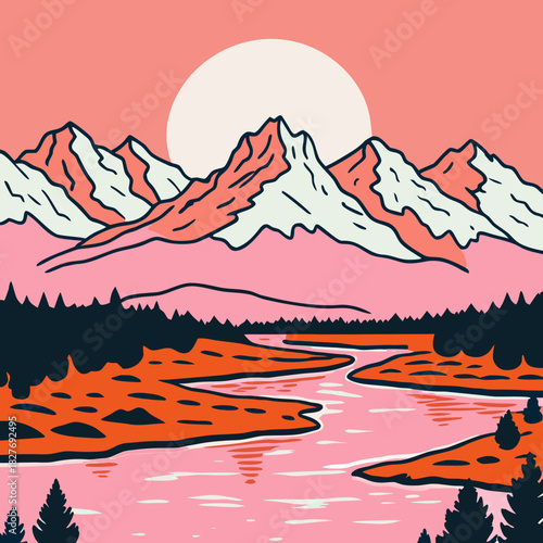 Pink Sunset Mountain and River Landscape Illustration