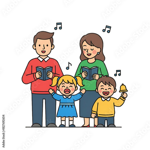 A family sings cheerful holiday songs together outdoors.
