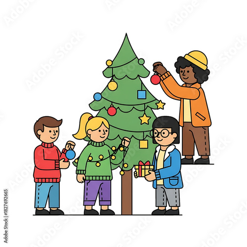 Kids hang ornaments on a Christmas tree with the help of an adult.