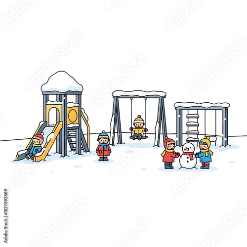 Children play in a snowy playground with slides and swings.