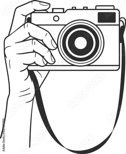 Hand Holding Camera Line Art Vector Illustration.