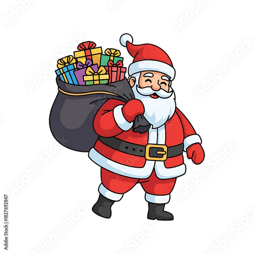 Santa walks cheerfully with a large sack filled with gifts.