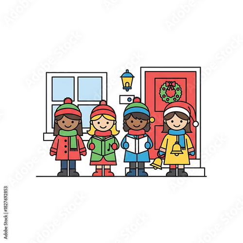 Children dressed in warm clothing sing carols outside a decorated house.