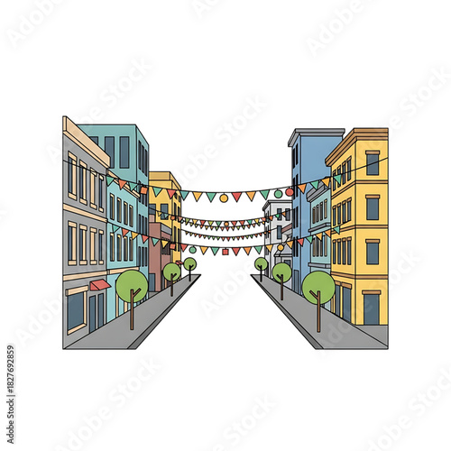 A decorated city street with festive lights hangs between buildings.