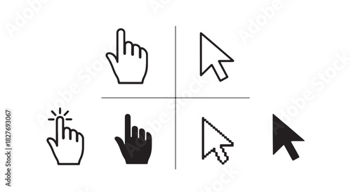 Set of cursor and hand pointer icons simple line and glyph vector elements isolated on white backgro