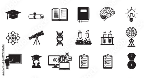 Set of education icons black and white vector illustration for learning and knowledge isolated on wh