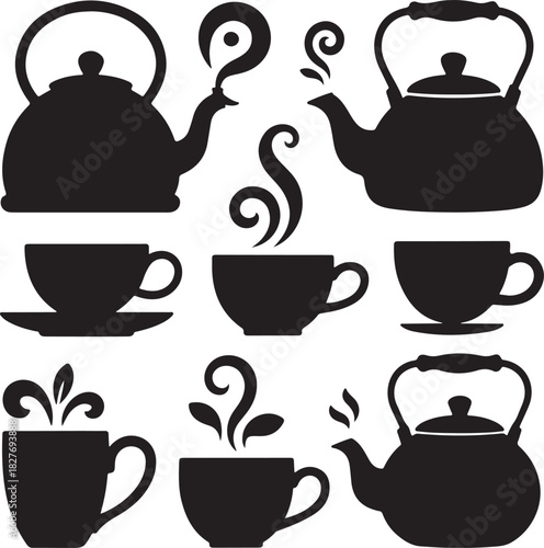 Elegant Tea Time Silhouette Vector Collection Featuring Teapots and Cups