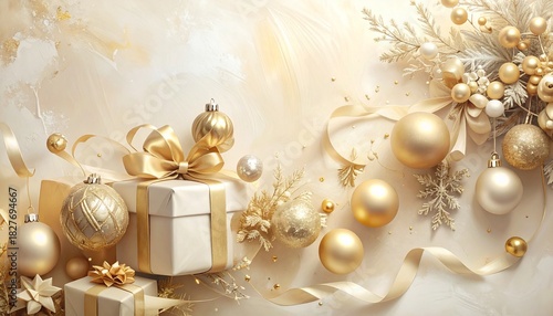 Elegant golden Christmas ornaments and gift boxes for festive celebrations, creating a warm and inviting holiday atmosphere perfect for premium seasonal promotions