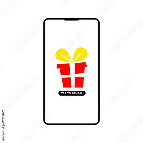 Gift box icon with yellow ribbon and Tap to Reveal text on smartphone screen. Surprise concept for mobile app or UI design