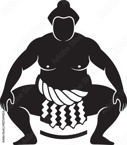 A black and white silhouette of a traditional sumo wrestler in a squatting pose