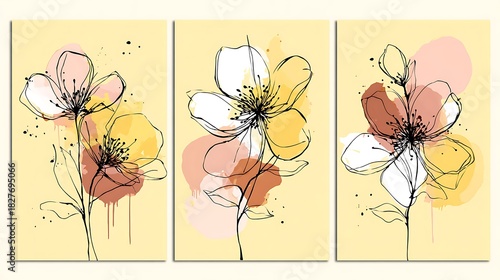 Abstract floral triptych art with soft pastel colors and delicate brushstrokes on a pale yellow background