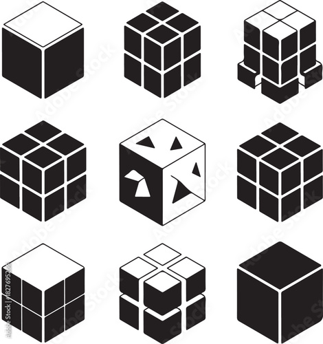 Geometric Puzzle Cubes in Black and White Illustrating Complexity and Logic