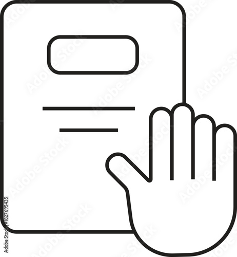 Simple line icon of a hand taking an oath on a legal document or constitution.