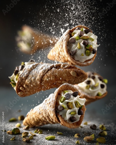 Three cannoli filled with cream, topped with chocolate chips and pistachios, with powdered sugar falling over them.