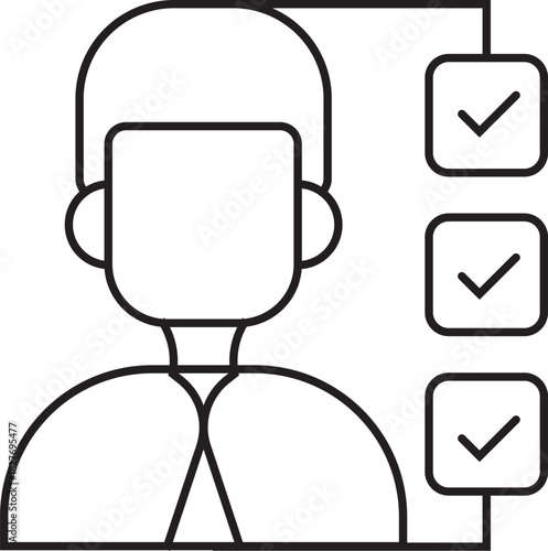 Line art icon of a person's profile with a completed checklist for tasks or verification.
