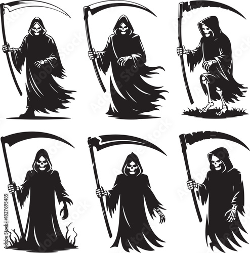 Grim Reaper silhouettes collection with scythes for Halloween designs