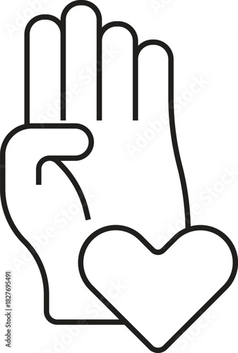 A line art icon of a hand making a three-finger salute with a heart symbol, representing a pledge of love and support.