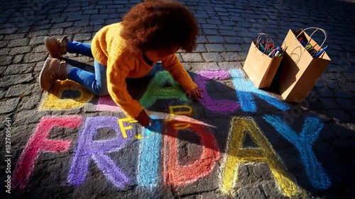 A Creative Child Dedicates Colorful Chalk Art to Black Friday, Transforming the Ground with Vibrant Letters and Playful Designs While Surrounded by Art Supplies and Joyful Energy