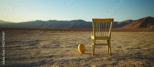 Surreal desert scene with a yellow chair and lemon under a clear sky
