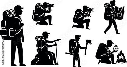 Silhouette hikers with backpacks walking camping exploring using map camera and compass vector illustration