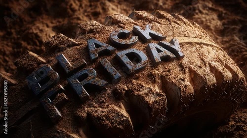 An Intriguing Close-Up of a Tire Print Impressively Marked with 'Black Friday' in a Layer of Earthy Soil, Highlighting the Grit and Grunge of Contemporary Shopping Culture.