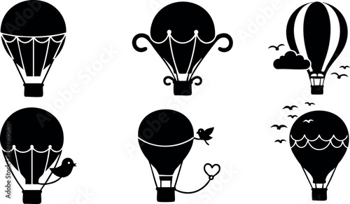 Hot air balloons set in different shapes flying in sky with birds and clouds vector illustration