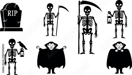 Halloween skeleton vampire characters grave tombstone spooky vector illustration cartoon set