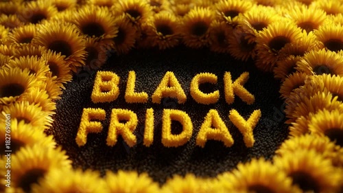 A vibrant display of yellow sunflowers framing the bold text 'BLACK FRIDAY', creating an eye-catching and festive atmosphere perfect for shopping events and seasonal promotions.