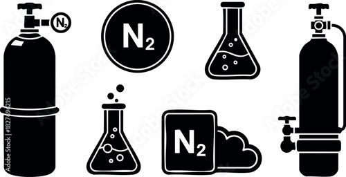 Nitrogen gas tank and chemical flask vector illustration black silhouette set
