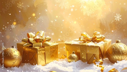 Sparkling gold Christmas gifts and baubles nestled in snow create a magical and festive holiday moment, perfect for seasonal greetings and celebrations