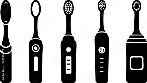 Electric toothbrushes collection different shapes and button designs black silhouette vector illustration