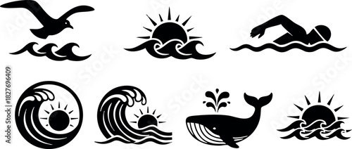 Ocean wildlife and waves icons vector set with sun whale and swimmer illustrations
