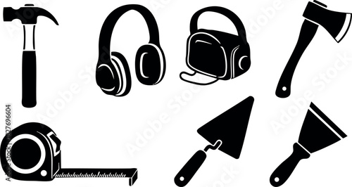 Construction and gardening tool icons set vector illustration with hammer axe headset measuring tape trowel and scraper