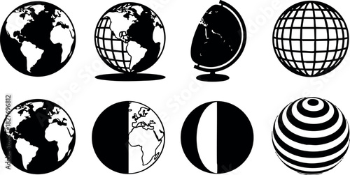 Globe icons set vector illustration of earth planet silhouettes and wireframe spheres in black and white for design use vector illustration